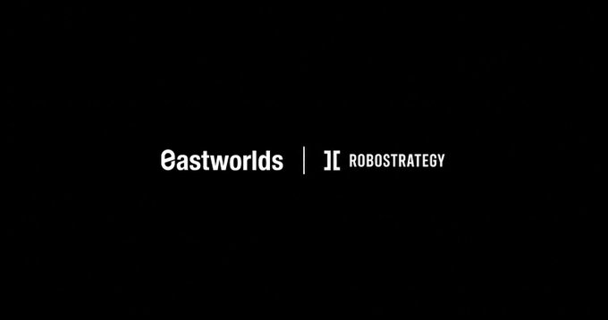 A black screen displays white text reading "eastworlds | ROBOSTRATEGY," which appears to be a branding slide for an X (Twitter) Space hosted by @eastworlds_io discussing the @virtuals_io thesis on physical AI.