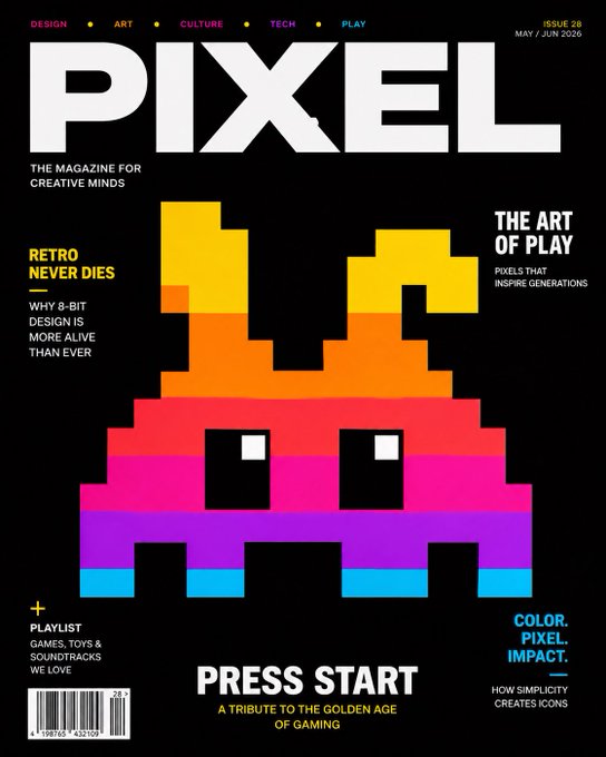 Magazine cover for 'PIXEL' (Issue 28, May/June 2026) featuring a colorful pixelated Space Invader and headlines including 'RETRO NEVER DIES', 'PRESS START: A TRIBUTE TO THE GOLDEN AGE OF GAMING', and 'COLOR. PIXEL. IMPACT.'