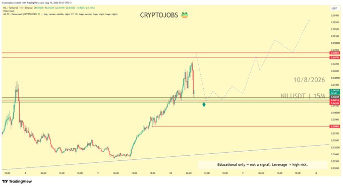 A TradingView chart titled "CRYPTOJOBS" displays a 15-minute candlestick chart of NILUSDT, showing a recent uptrend with a green arrow marking the long entry near 0.04200, supporting the trader's post about taking a long position in $NIL.