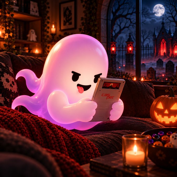 A glowing pink Casper-style ghost reads a device labeled “Casper” while surrounded by Halloween décor, pumpkins, candles, and a spooky graveyard. The spooky scene supports the post’s message that the Casper Graveyard is live, with a $100 prize for the Halloween top 10 at graveyard.casper.network.