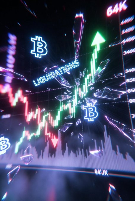 Vibrant neon-style 3D illustration depicting cryptocurrency market activity, featuring Bitcoin logos, a candlestick chart with a large green upward arrow, and the word 'LIQUIDATIONS' amid shattered glass effects.