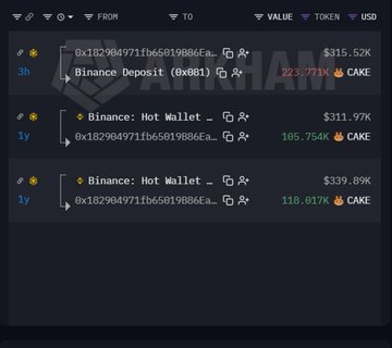 A screenshot of a blockchain transaction history showing wallet 0x182904971fb65019886Ea... receiving a Binance deposit of 223.77K CAKE ($315.52K) 3 hours ago, with two prior CAKE deposits from 1 year ago totaling 514.01K CAKE (~$651.66K). This illustrates the post's narrative of a long-term diamond hand finally capitulating and selling their CAKE position at a ~52% realized loss of -$336.34K.