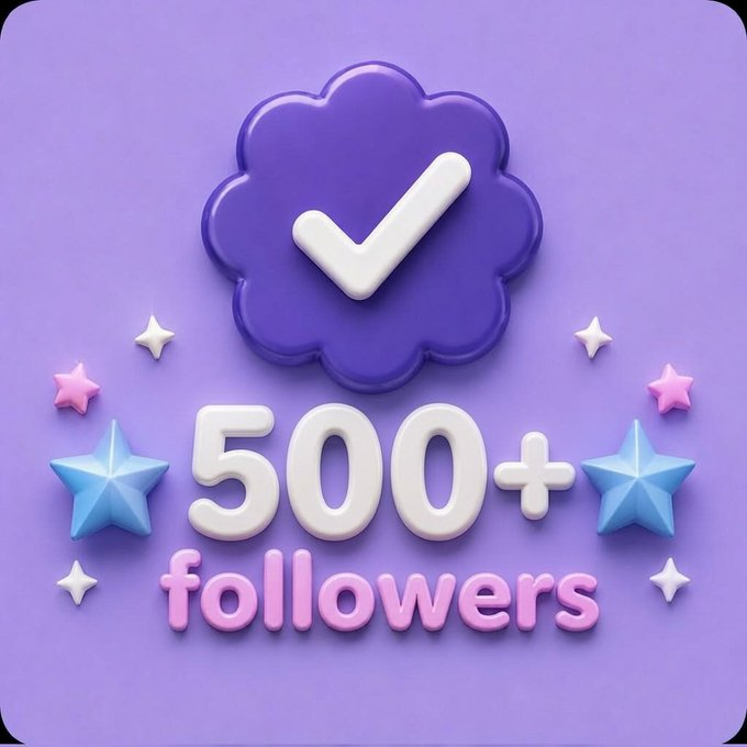 A purple 3D graphic celebrates '500+ followers' with a checkmark badge, surrounded by pink and blue stars.