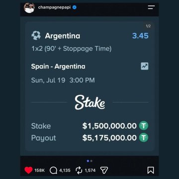 Instagram post from 'champagnepapi' showing a Stake.com betting slip on Spain vs Argentina with a $1,500,000 stake and $5,175,000 payout.