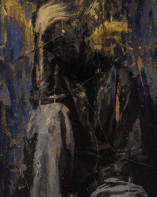 A dark, textured painting featuring black and gold tones with abstract forms and dripping paint effects.