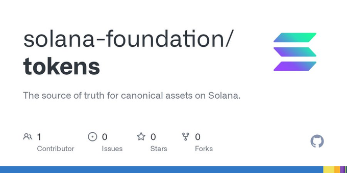 The image shows a GitHub repository header for "solana-foundation/tokens," described as "The source of truth for canonical assets on Solana," featuring the Solana logo and displaying repository stats (1 contributor, 0 issues, 0 stars, 0 forks). The caption highlights the Solana Foundation's open-sourcing of their official tokens directory and API for verified assets on the Solana blockchain, as indicated in the post.