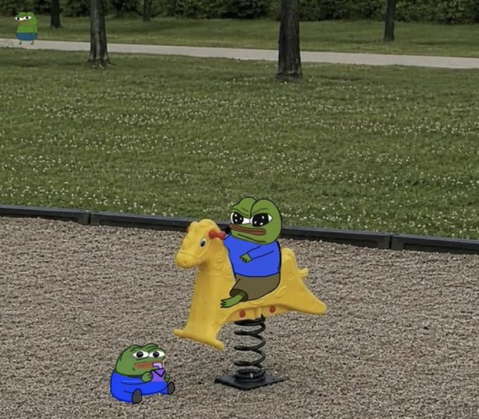 A cartoon-style image of an angry green Pepe the Frog character riding a yellow spring rider playground toy, with another smaller Pepe figure sitting on the ground nearby.