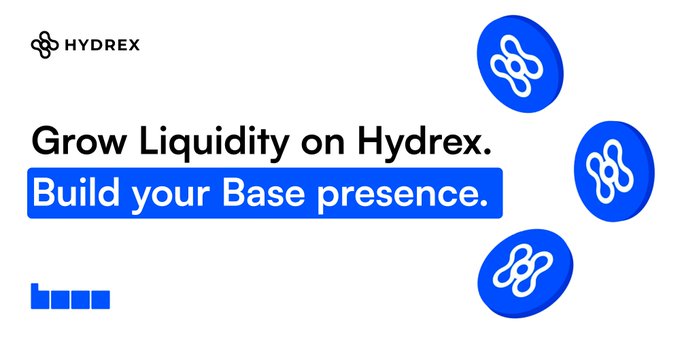 A promotional graphic for Hydrex displays the branding "HYDREX" alongside the call-to-action text "Grow Liquidity on Hydrex. Build your Base presence." The image is decorated with three blue circular icons featuring the Hydrex logo and a small bar chart in the lower left, visually supporting the accompanying post's call to Base builders to deploy on Hydrex and deepen their liquidity on the platform.