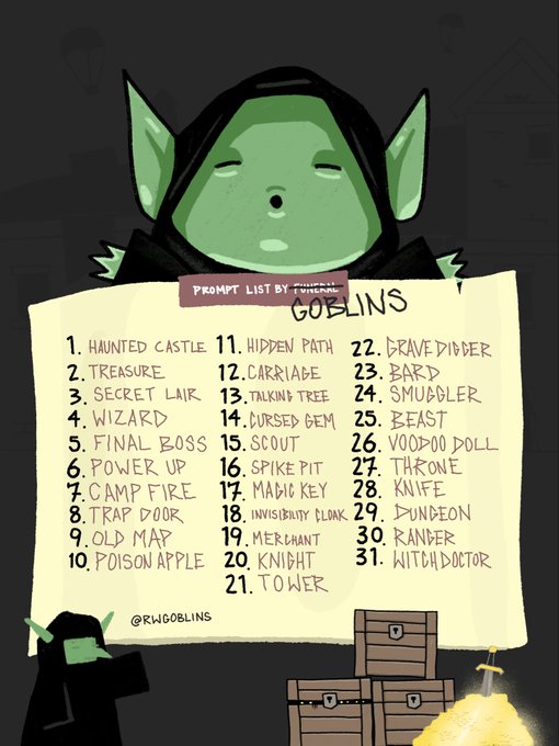Image 6: A digital illustration of a green goblin character above a scroll titled "GOBLINS" listing 31 numbered prompts (1. HAUNTED CASTLE, 2. TREASURE, etc.), created by artist Fivemac.