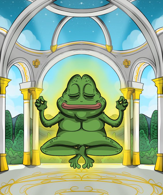 A cartoon frog meditates in a lotus position within an ornate domed pavilion, glowing with golden light against a starry sky, embodying the "manifesting..." post through its zen-like pose of intentional visualization.