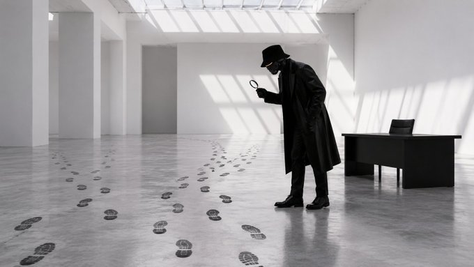 A detective in a trench coat and fedora examines a trail of footprints with a magnifying glass in an empty, sunlit room, symbolizing the limited investigative power of blockchain analytics. The footprints represent visible on-chain transactions, while the detective's puzzled posture underscores the post's message that on-chain data reveals *where* money moved, but not the *why* behind those movements.