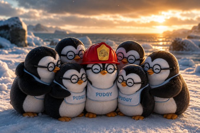 A group of adorable cartoon penguins wearing glasses and white vests labeled "PUDGY" gather together in a snowy landscape at sunset, with one wearing a red firefighter helmet as the leader. The image ties into the "GM and happy new week" message by presenting Pudgy Penguins—characters from the popular NFT project—as a cheerful, community-style greeting to start the week.
