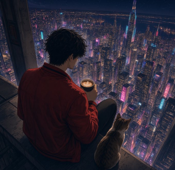 An anime-style illustration of a young man with dark hair holding a cup of coffee while sitting by a window with a cat, overlooking a vibrant neon-lit cyberpunk city at night.