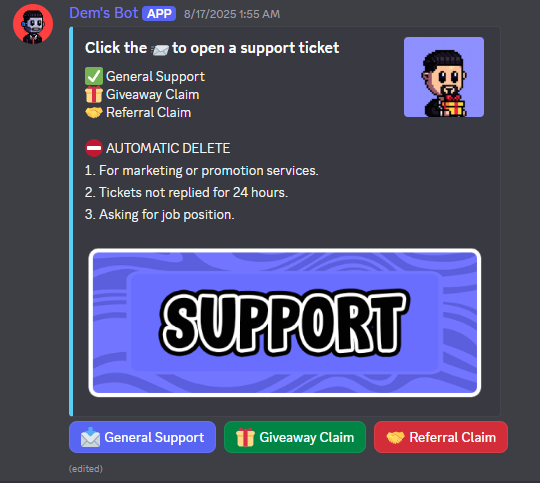 A Discord message from "Dem's Bot" at 6/17/2025 displays instructions to open a support ticket via the 📩 icon, with three options: General Support, Giveaway Claim, and Referral Claim, alongside a note that tickets will be automatically deleted if used for marketing/promotion, left unreplied for 24 hours, or used to ask about job positions. The image corresponds to the post's instructions directing users to open a "Giveaway Claim" support ticket as part of the @world_xyz airdrop entry process on Dem's Discord.
