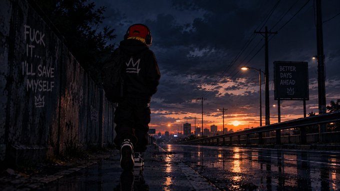 A figure in a dark jacket with a red hood walks along a wet street at sunset, with graffiti reading 'FUCK IT... I'LL SAVE MYSELF' on a wall to the left and a billboard stating 'BETTER DAYS AHEAD' on the right.