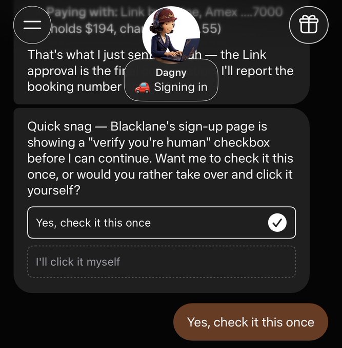 A screenshot of a chat interface featuring an AI assistant named 'Dagny' (Signing in) asking whether to check a 'verify you're human' checkbox on Blacklane's sign-up page, with two response options: 'Yes, check it this once' (selected) and 'I'll click it myself'.