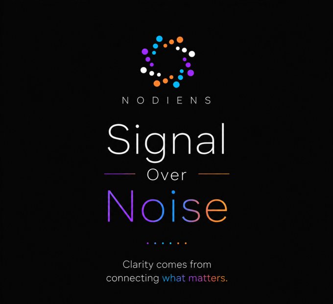 A dark-themed logo for 'Nodiens' featuring a colorful circular dot pattern, with the tagline 'Signal Over Noise' and 'Clarity comes from connecting what matters.'