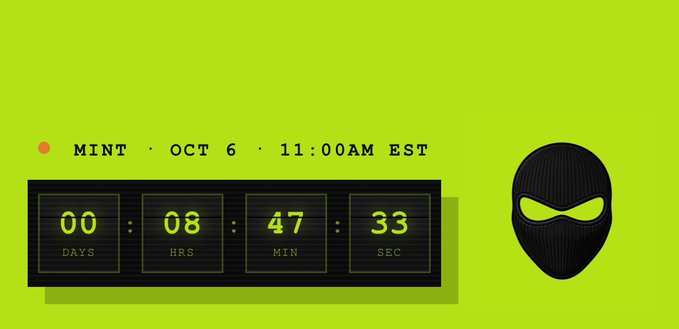 Countdown timer on a green background for a 'MINT' event on Oct 6 at 11:00AM EST, showing 08:47:33 remaining, next to a black balaclava mask.