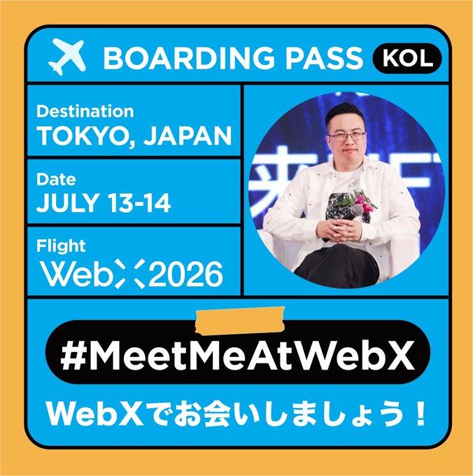 A digital boarding pass graphic for KOL traveling to Tokyo, Japan on July 13-14 for WebX 2026, featuring a photo of a man holding flowers and the hashtag '#MeetMeAtWebX' along with Japanese text 'WebXでお会いしましょう！'