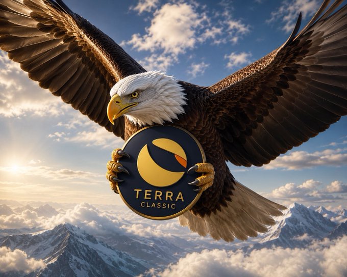 A majestic bald eagle soars above the clouds clutching a "Terra Classic" emblem, symbolizing strength and resilience in holding $LUNC. The soaring eagle represents the steadfast commitment to enduring the volatile crypto market.