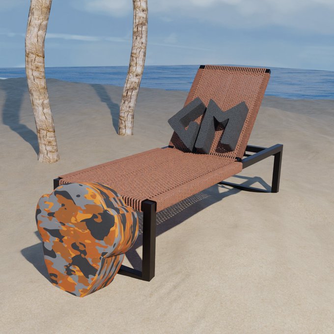A woven beach lounge chair with black '67' pillows and a camouflage ottoman sitting on sand near the ocean under palm trees.
