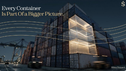 A nighttime shipping port scene with stacks of illuminated shipping containers and a cargo crane, overlaid with the headline "Every Container Is Part Of a Bigger Picture," a "$" symbol, and an "Ethra Protocol" watermark in the corner. The image visually reinforces the post's focus on real-world maritime operations and cargo shipping, highlighting how physical container logistics form the tangible foundation of Ethra Protocol's value proposition rather than purely digital assets.