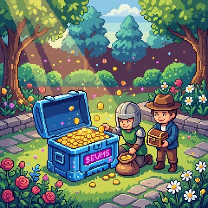 A pixel art scene depicting two characters in a lush green forest clearing, where a knight is collecting gold coins from a large blue treasure chest labeled '$EVMS' while an explorer holds a smaller chest.