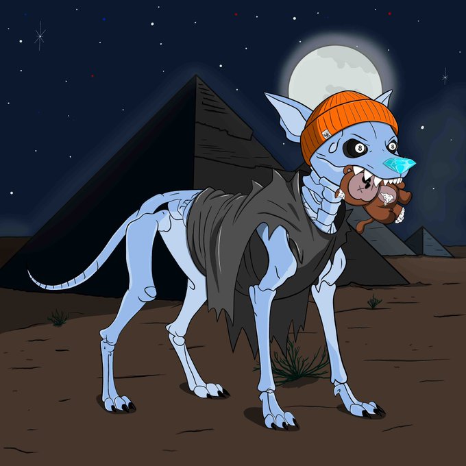 A cartoon illustration of a skeletal blue creature wearing an orange beanie and a torn black shirt, holding a small brown bear plush in its mouth, set in a desert landscape with pyramids and a full moon at night.