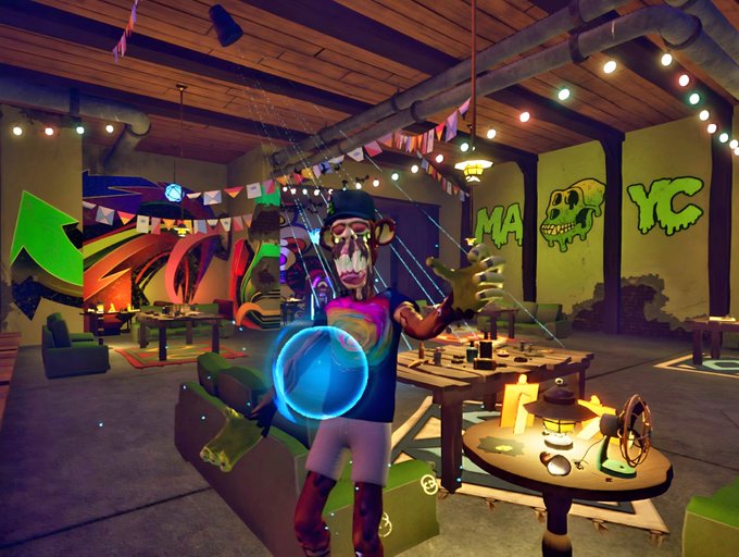 A 3D rendered scene from what appears to be a VR game or virtual environment, featuring an anthropomorphic monkey character holding a glowing blue orb in a colorful club-like setting with 'YC' and skull graffiti on the walls.