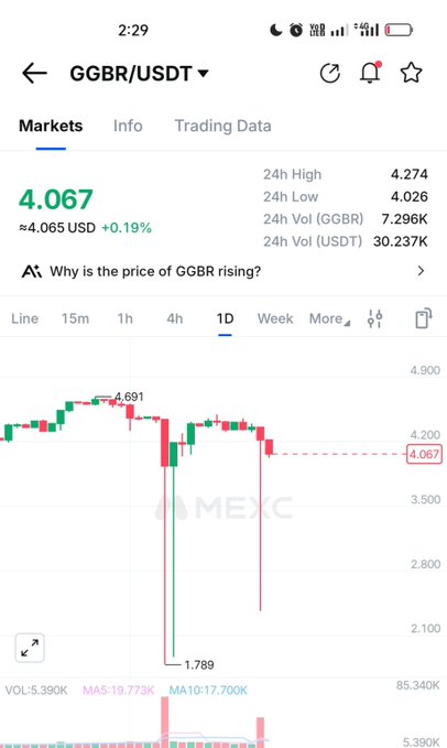 A mobile screenshot of a cryptocurrency trading app showing the GGBR/USDT pair at 4.067 USD (+0.19%), with a 1D candlestick chart displaying a dramatic price drop to a low of 1.789 on the MEXC exchange.