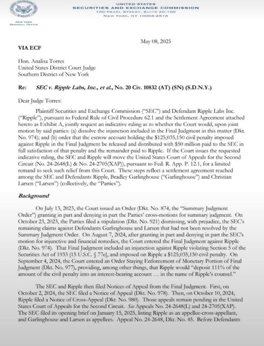 An SEC letter dated May 08, 2025, addressed to Judge Analisa Torres, concerns "SEC v. Ripple Labs, Inc., et al." regarding a settlement motion and escrow account distribution.