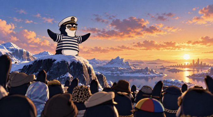 A digital artwork shows a penguin wearing a sailor outfit standing on a snowy mountain peak, with a crowd of penguins watching a beautiful sunset over the ocean.