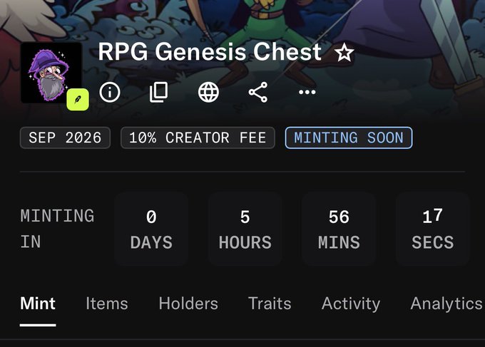 A dark-themed NFT minting page for 'RPG Genesis Chest' with a 10% creator fee, minting in September 2026, showing a countdown of 0 days, 5 hours, 56 minutes, and 17 seconds.