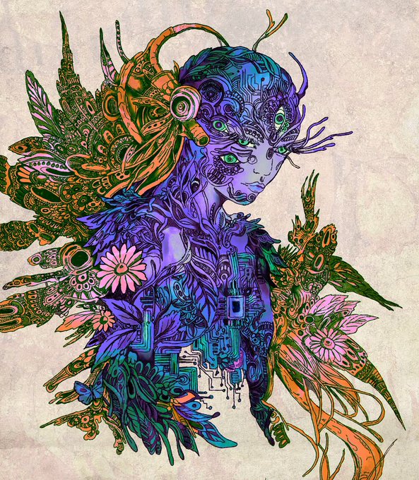 A vibrant, intricate digital illustration of a purple-skinned female figure with glowing green eyes, surrounded by elaborate mechanical, floral, and ornamental designs in shades of purple, green, and orange against a textured beige background.