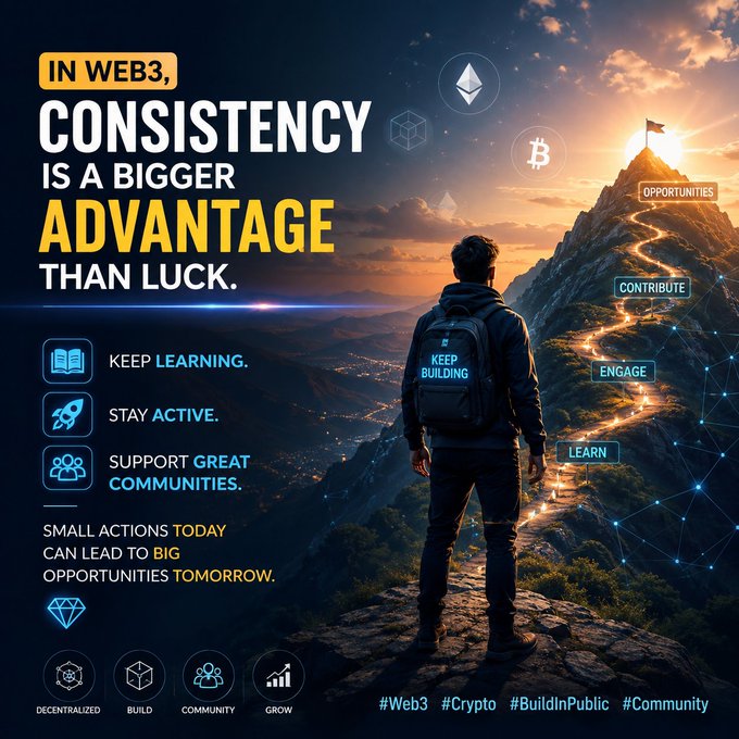 A man with a "KEEP BUILDING" backpack gazes toward a sunlit mountain summit, with a glowing path leading up through icons labeled "OPPORTUNITIES," "CONTRIBUTE," "ENGAGE," and "LEARN," alongside the bold message "IN WEB3, CONSISTENCY IS A BIGGER ADVANTAGE THAN LUCK." The imagery visually reinforces the post's message of steady, incremental effort, depicting the Web3 journey as a climb where small daily actions—learning, engaging, contributing—pave the way to future opportunities rather than relying on chance.