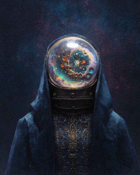 The image features a person wearing a blue robe with gold trim, who appears to be an astronaut or a space explorer. The individual is wearing a helmet that has a face inside of it, giving them a unique appearance. They are standing against a dark background, which could represent outer space or the night sky. The caption on the image reads "ORB KEEPER #3 has entered our realm.. Check your wallet @projectShift_og". This suggests that the person in the image is possibly an astronaut who has been assigned to explore a new planet or galaxy and has encountered an orb keeper, as indicated by the caption.