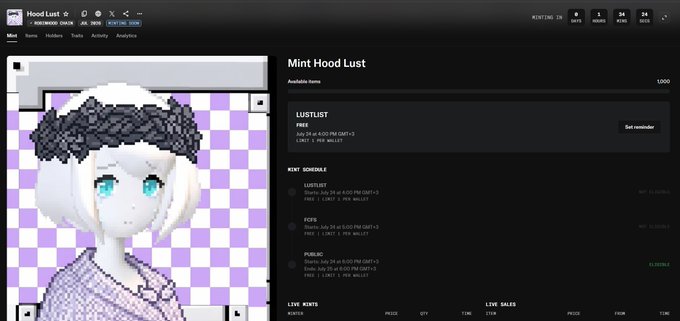 A screenshot of the HoodLust NFT platform displaying the "Mint Hood Lust" collection page with a pixel-art character portrait of a girl with white hair and blue eyes wearing a flower crown, priced at 0.020 ETH with a 1000 supply, alongside minting schedule details for LUSTLUST, FOTS, and PURLNC tiers.