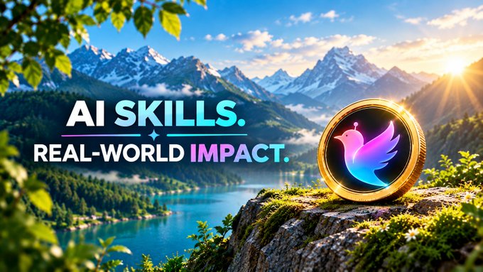 A promotional banner reading 'AI SKILLS. REAL-WORLD IMPACT.' featuring a golden coin with a pink and blue bird/dove logo, set against a scenic mountain and lake backdrop.