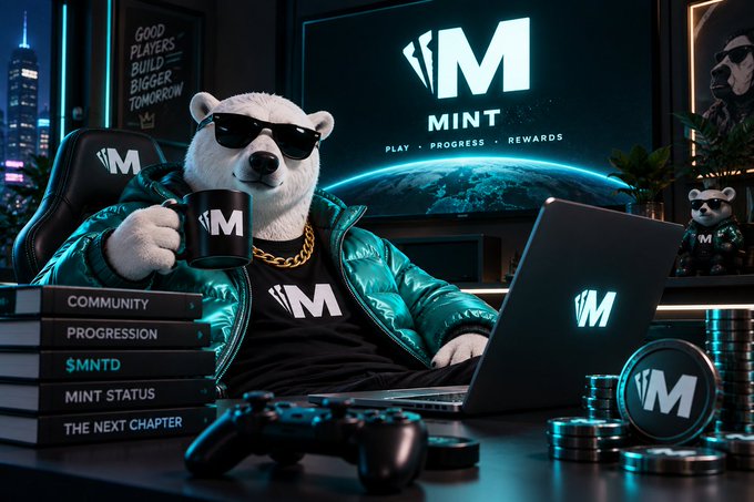 A promotional image for MINT featuring a polar bear mascot in sunglasses and green jacket holding an M-branded mug, sitting at a gaming setup with a laptop, controller, and stacked books.