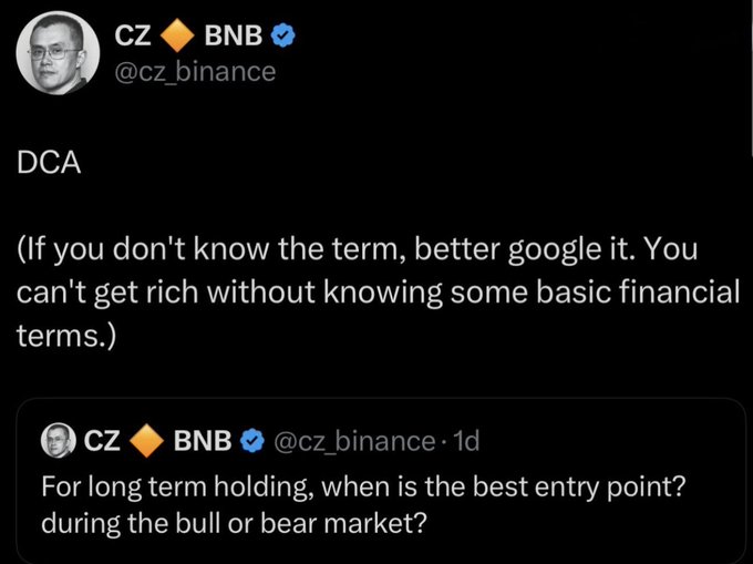 A tweet from CZ (cz_binance) simply states 'DCA' and advises readers to Google the term, noting 'You can't get rich without knowing some basic financial terms,' while quoting a previous post asking about the best entry point for long-term holding during bull or bear markets.
