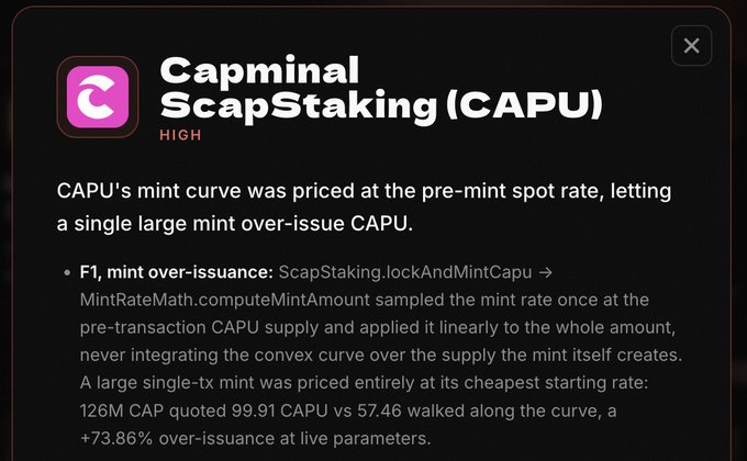 A dark-themed alert box titled 'Capminal ScapStaking (CAPU)' with 'HIGH' severity, describing a mint curve vulnerability where a single large mint over-issued CAPU tokens by 73.86% due to linear rather than integral sampling of the mint rate.
