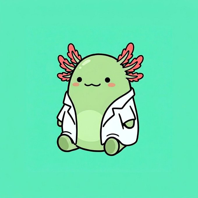 The image features a cartoon illustration of an anthropomorphic green alien sitting on its knees with arms crossed. The alien has a white lab coat over its body, giving it a scientific appearance. The background color of the image is teal, which contrasts nicely with the green of the alien and adds depth to the scene. There are no texts or other objects in the image, making it a simple yet engaging visual representation of an Axolotl character.