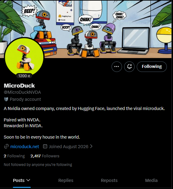 A parody Twitter profile for @MicroDuckNVDA described as a 'Nvidia owned company, created by Hugging Face,' showing small robot ducks in the banner image.
