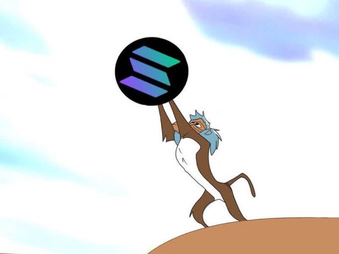 A digital illustration of an anthropomorphic character in a white bodysuit lifting a circular logo with blue and purple gradient bars, resembling the Solana cryptocurrency logo, against a cloudy sky background.