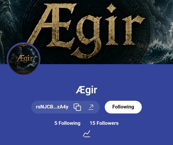A social media profile for 'Ægir' with handle 'rsNJCB...zA4y', showing 5 Following and 15 Followers with dramatic gold lettering.