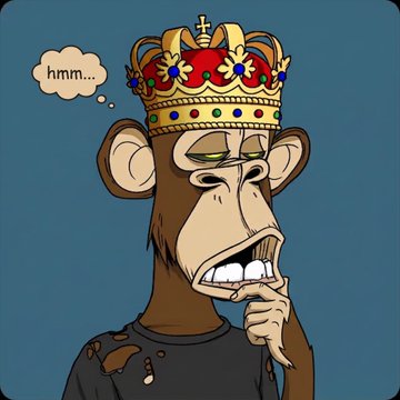 A cartoon illustration of a bored-looking monkey wearing a jeweled crown and a tattered gray shirt, with a thought bubble that reads 'hmm...'.
