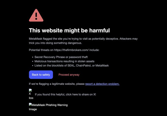 A MetaMask phishing warning screen displays 'This website might be harmful' for thefirmbrokers.com, alerting users to potential threats like secret recovery phrase theft and being listed on blocklists.
