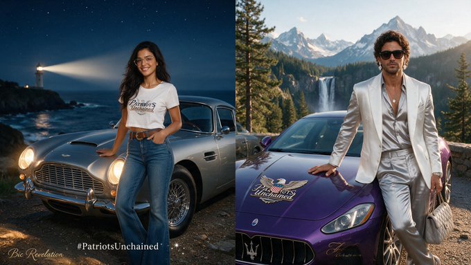 A side-by-side image showing a woman in a 'Patriots Unchained' t-shirt standing by a classic silver Aston Martin near a lighthouse, and a man in a silver jacket posing by a purple Maserati with a mountain backdrop, captioned '#PatriotsUnchained'.