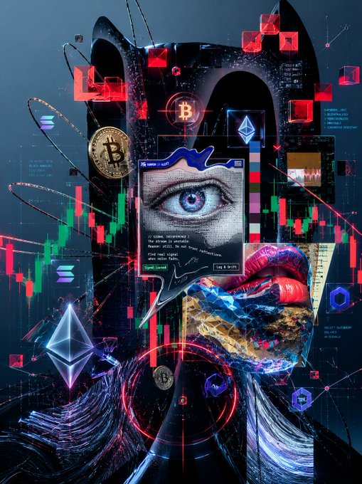 The image features a person's face with an eye, surrounded by various symbols related to cryptocurrency and digital currency. The person appears to be wearing a mask or a costume that includes a large eye. The background of the image is filled with different elements such as coins, logos, and text, which are associated with Bitcoin and other cryptocurrencies. The post suggests that there might be an opportunity for someone to buy Bitcoin or other digital assets using the provided cryptocurrency wallet address.