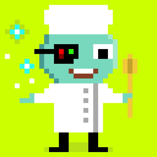 A pixel-art zombie chef wearing a white chef's hat and coat holds a wooden spoon against a bright green background with sparkles, featuring a red and green mechanical eye patch. The image ties into the post's playful theme of "magic cooking" for Hoodlets holders, playfully suggesting crypto holders are about to cook something special with the developer @BuildXrp instead of selling.